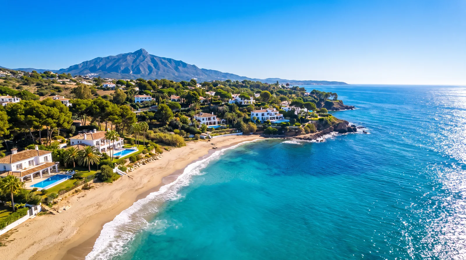 Aerial view of the Costa del Sol coastline and La Concha mountain